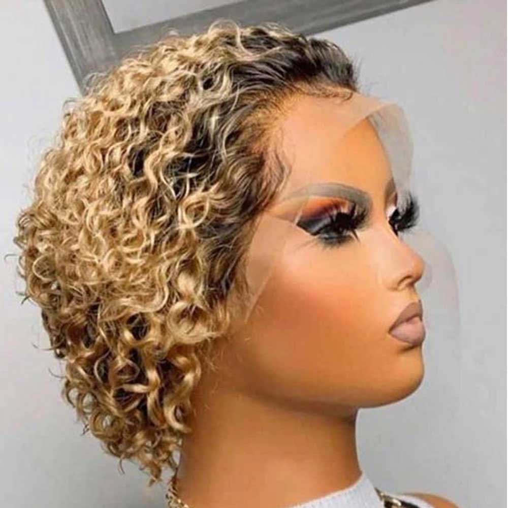 Tiktok Beaudiva TB 27 Ombre Honey Blonde Pixie Cut Curly Human Hair Wigs Bob Wigs 150%