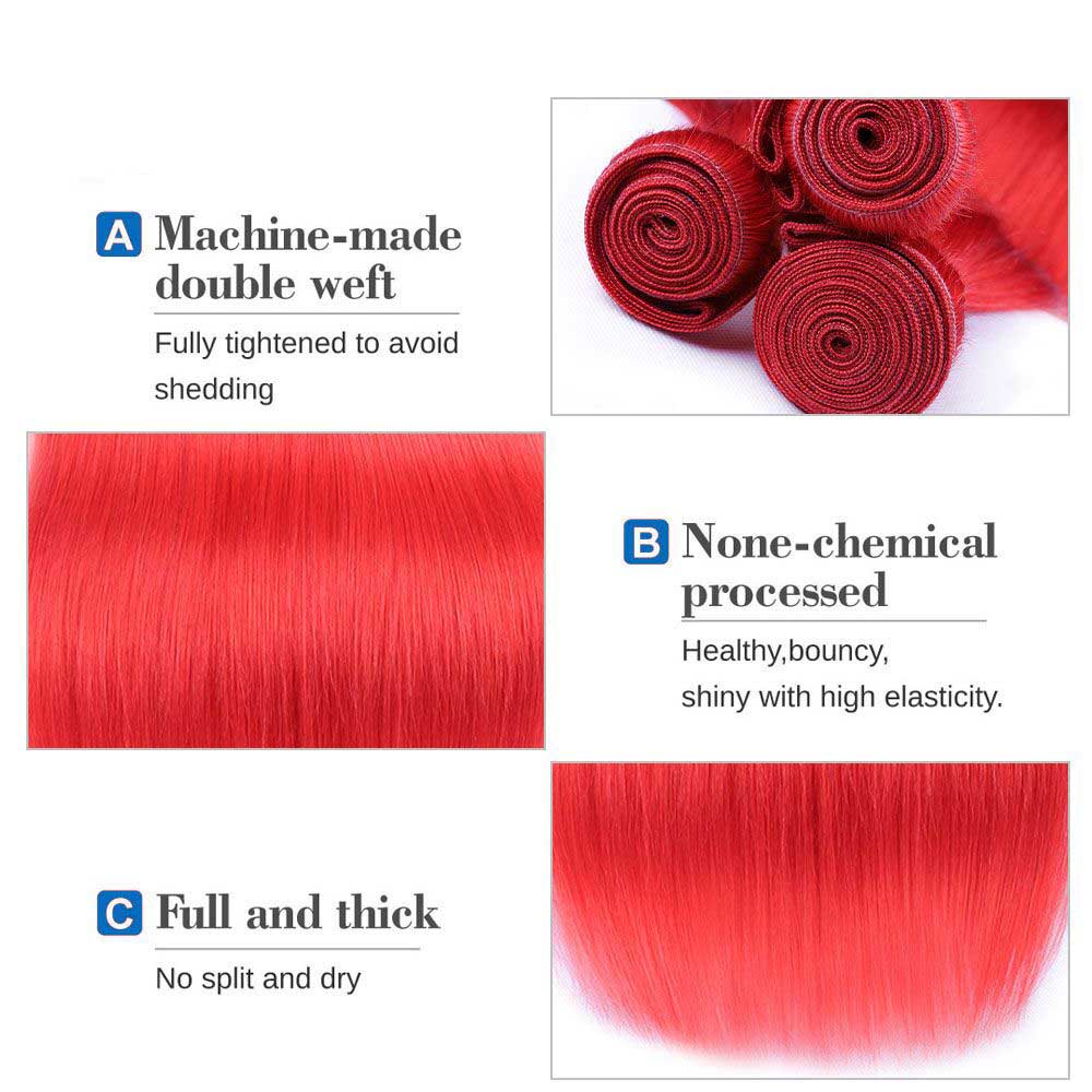 Beaudiva Red Color Straight 3 Bundles With Lace Closure 100% Human Hair Bundles With Closure