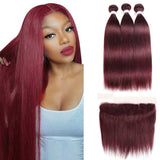 Beaudiva 99J Burgundy Straight 3 Bundles With Frontal Pre Colored 100% Human Hair