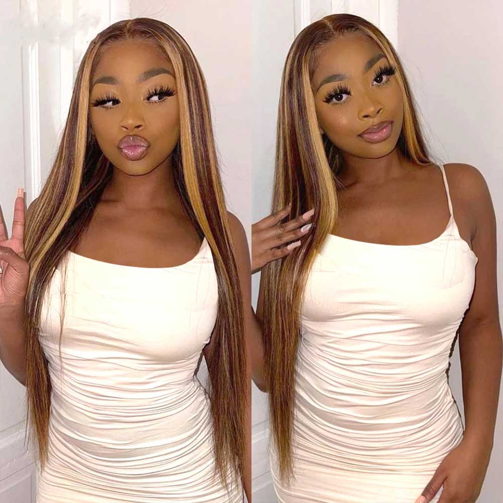 【Beyonce】TK03 : 13x4 Highlight Lace Front Wig Honey Blonde Brown Ombre Straight Wigs Pre Plucked Baby Hair