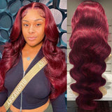 【Barbie】TK47 : Burgundy Red Wine Body Wave 13X4 Lace Frontal Wig Wave Human Hair Lace Wigs
