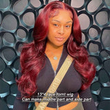【Barbie】TK47 : Burgundy Red Wine Body Wave 13X4 Lace Frontal Wig Wave Human Hair Lace Wigs