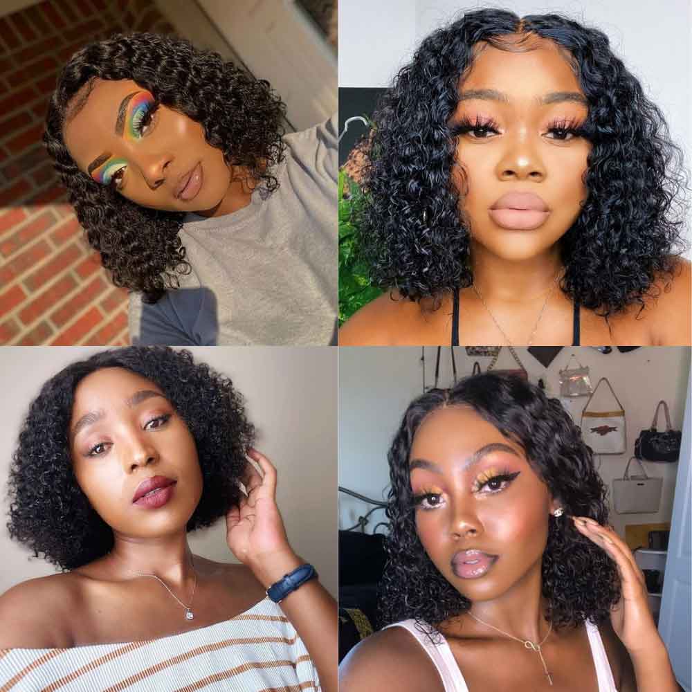 Beaudiva Curly Bob Wigs Water Wave T Part Lace Human Hair Wigs Lace Parting
