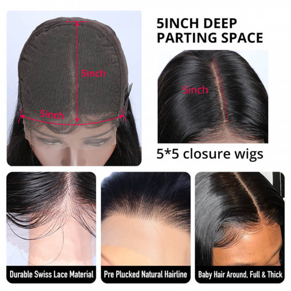Beaudiva 100% Unprocessed Human Hair Kinky Straight 5x5 Lace Closure Wig