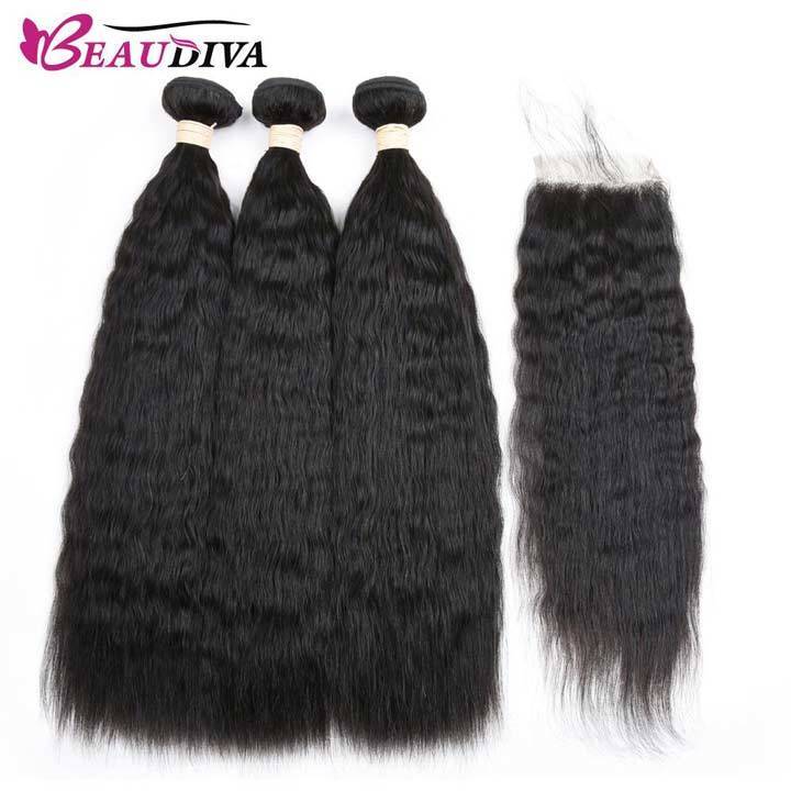 Beaudiva 10A Kinky Straight Human Hair Bundles 3 Bundles with 4x4 Lace Closure Brazilian Human Hair Weft
