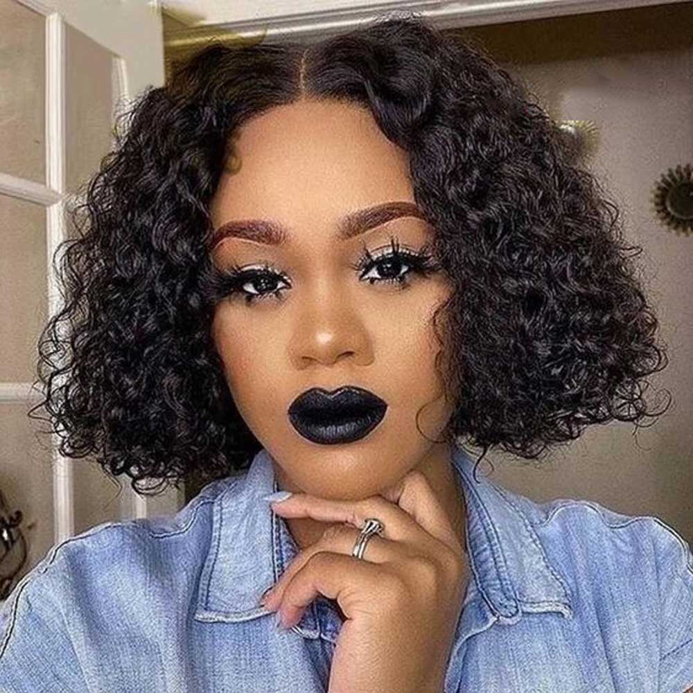 Beaudiva Curly Bob Wigs Water Wave T Part Lace Human Hair Wigs Lace Parting