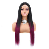 【Maroon】TB Burgundy Bone Straight Lace Closure Wig Ombre Red Wine Color Human Hair Wigs 4X4 Transparent Lace