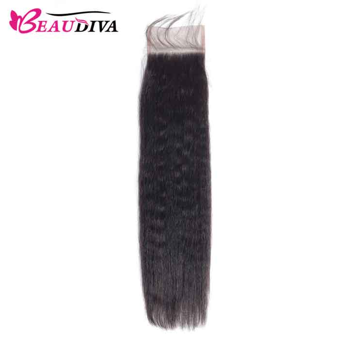 Beaudiva 10A Kinky Straight Bundles Human Hair Bundles With Lace Closure Human Hair Weaves