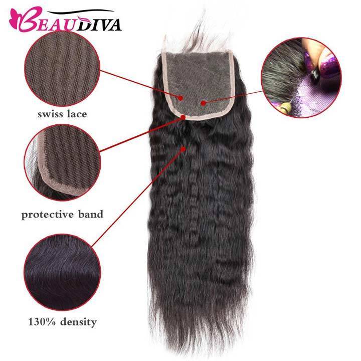 Beaudiva 10A Kinky Straight Human Hair Bundles 3 Bundles with 4x4 Lace Closure Brazilian Human Hair Weft