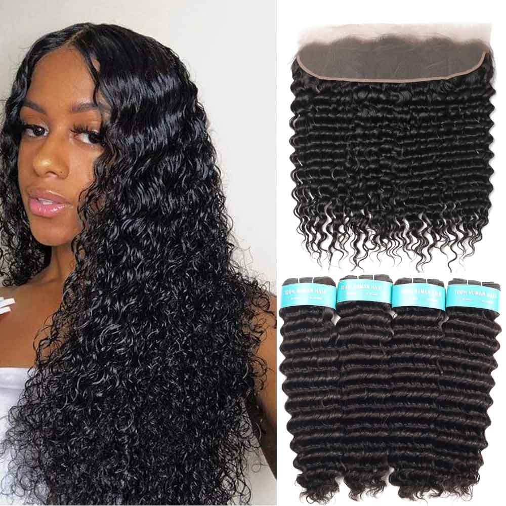 Beaudiva Deep Wave 4 Bundles With 13x4 Lace Frontal Virgin Remy Human Hair