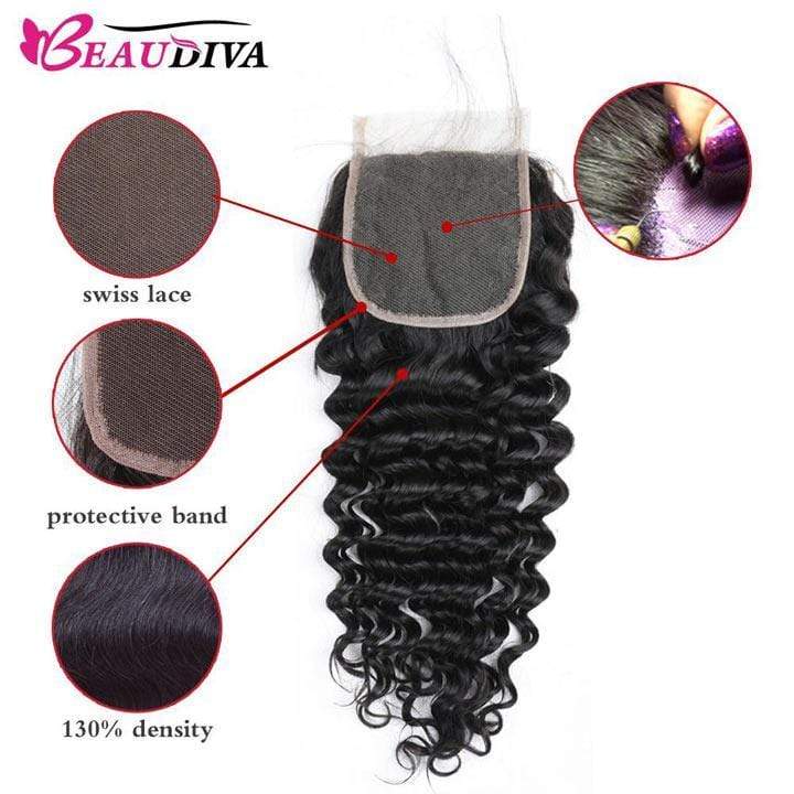 Beaudiva 10A 100% Remy Human Hair Bundles Deep Wave Human Hair Weaves 4 Bundles With Lace Closure
